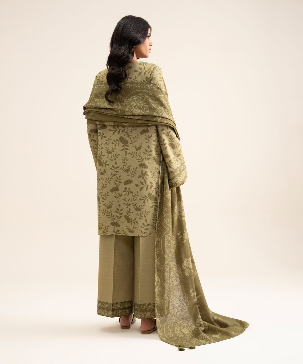 Women's Unstitched Light Khaddar Printed Olive Green 3 Piece Suit