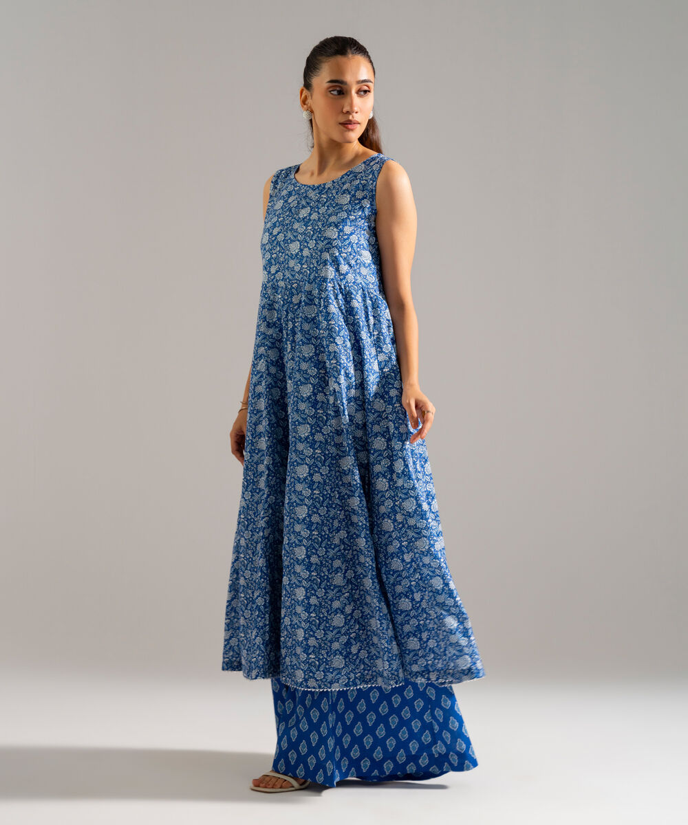 Women's RTW Slub Lawn Printed Blue Peshwas
