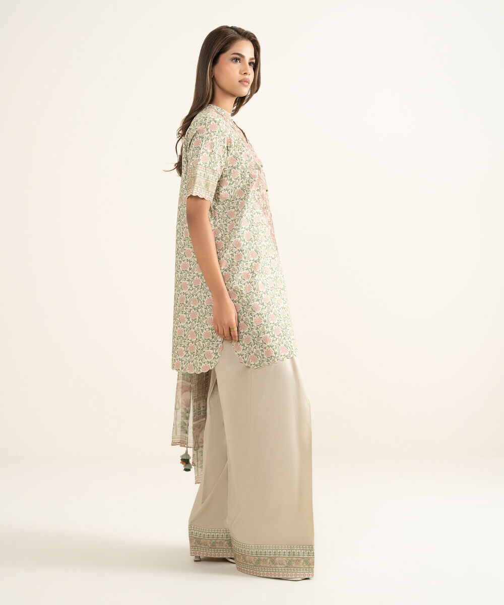 Women's Unstitched Lawn Embroidered Beige 3 Piece Suit