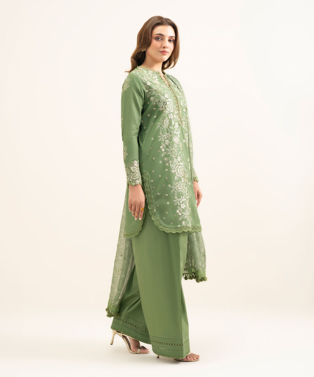 Women's Unstitched Fine Cotton Satin Embroidered Green 3 Piece Suit