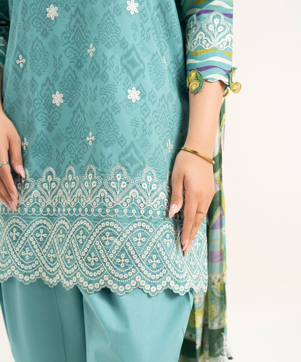 Women's Unstitched Lawn Blue Embroidered 3 Piece Suit