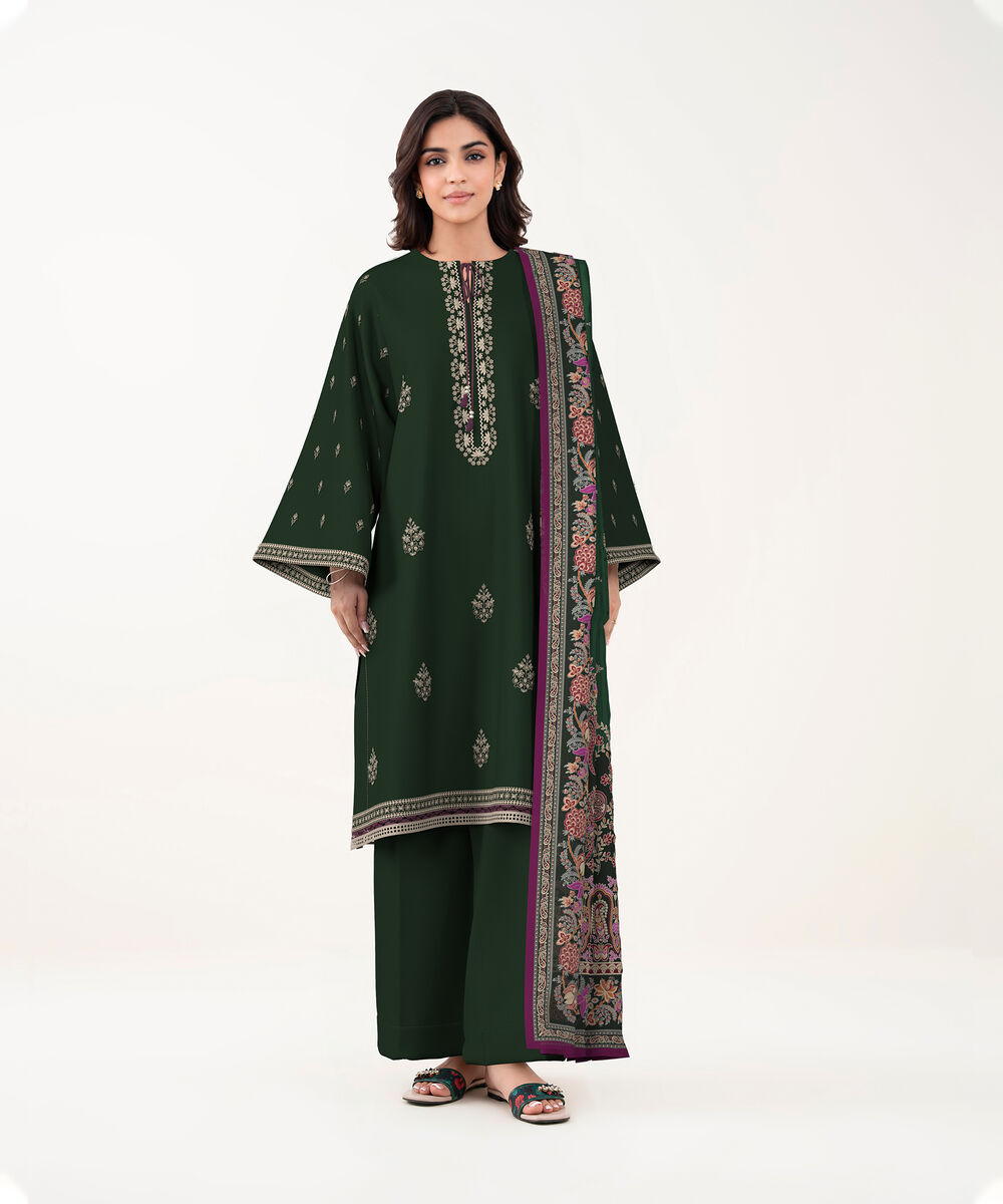 Women's Unstitched Lawn Dark Green Embroidered 3 Piece Suit