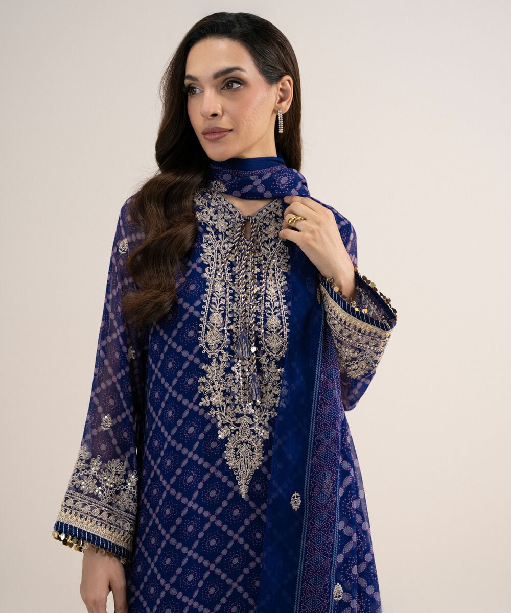 3 Piece - Embroidered Chiffon Suit — Sapphire view 4