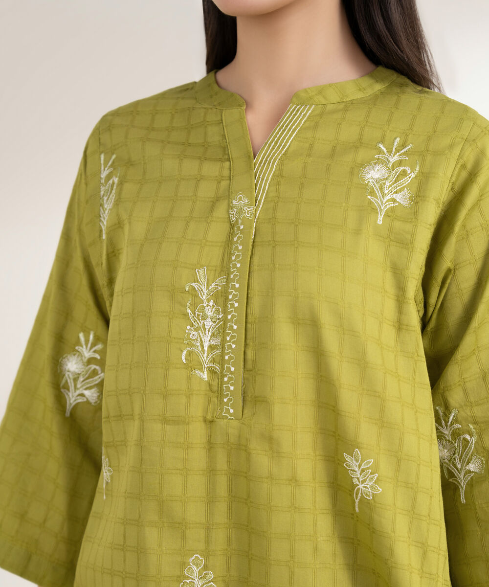 Women's RTW Textured Cotton Embroidered Boxy Green Shirt