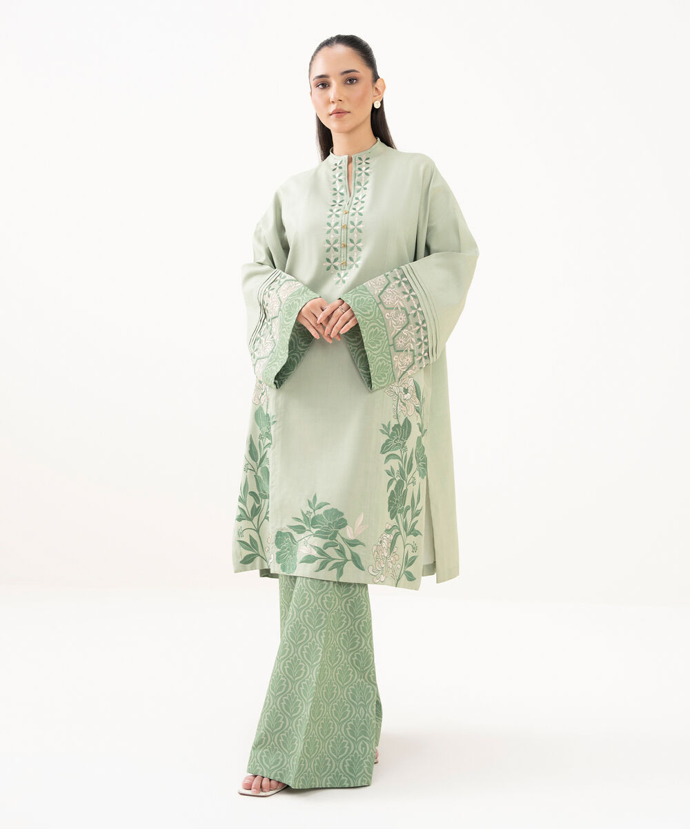 Women's Unstitched Linen Embroidered Green 2 Piece Suit