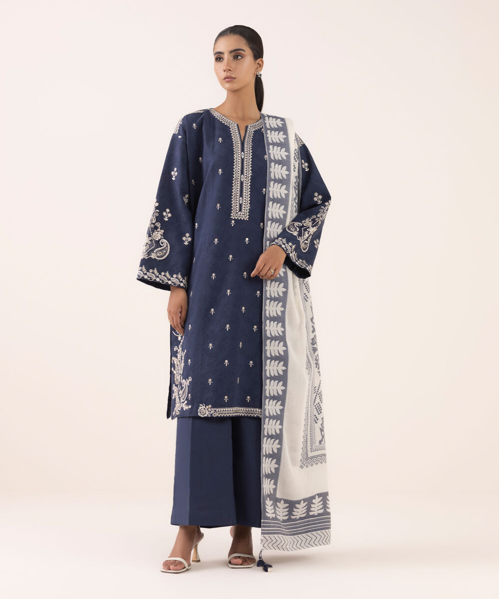 Women's Unstitched Jacquard Embroidered Blue Three Piece Suit