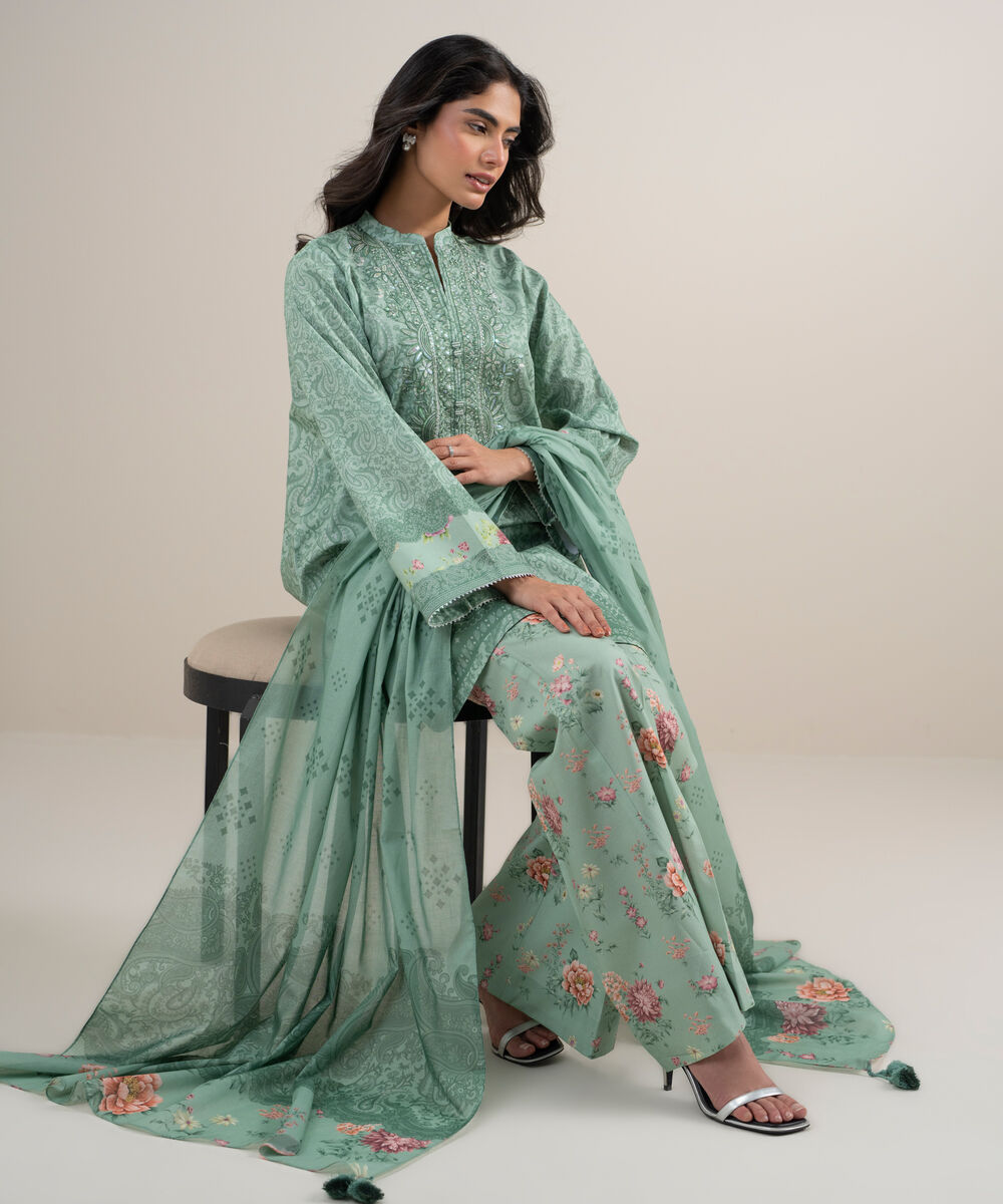 Women's Unstitched Lawn Embroidered Aqua Green 3 Piece Suit