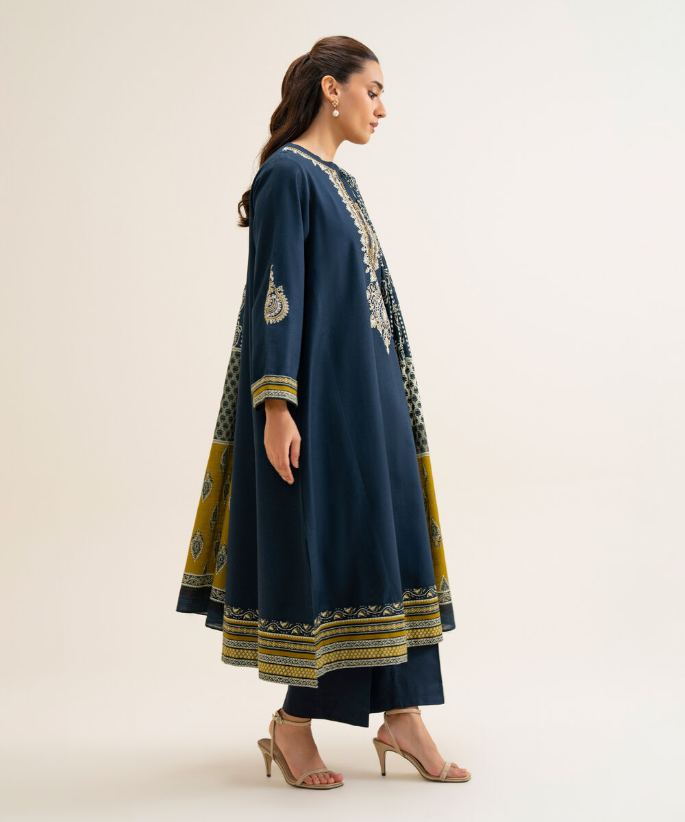 Women's Unstitched Light Khaddar Embroidered Blue 3 Piece Suit