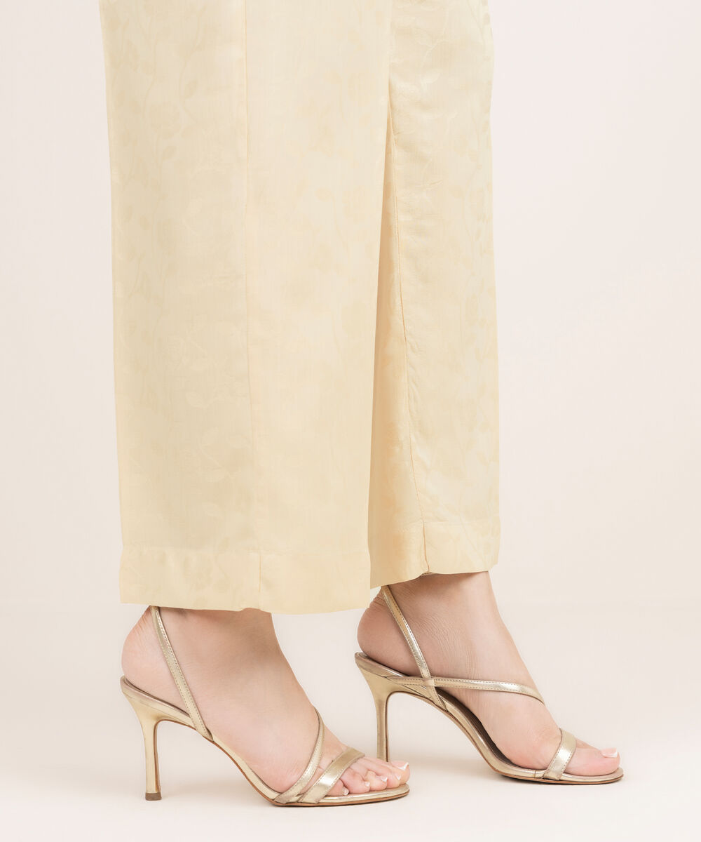 Women's RTW Arabic Self Jacquard Solid Off White Straight Pants