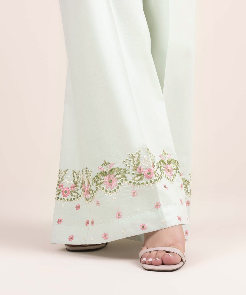 Embroidered Cambric Flared Pants Woman - Green Embroidered Cambric Flared Pants