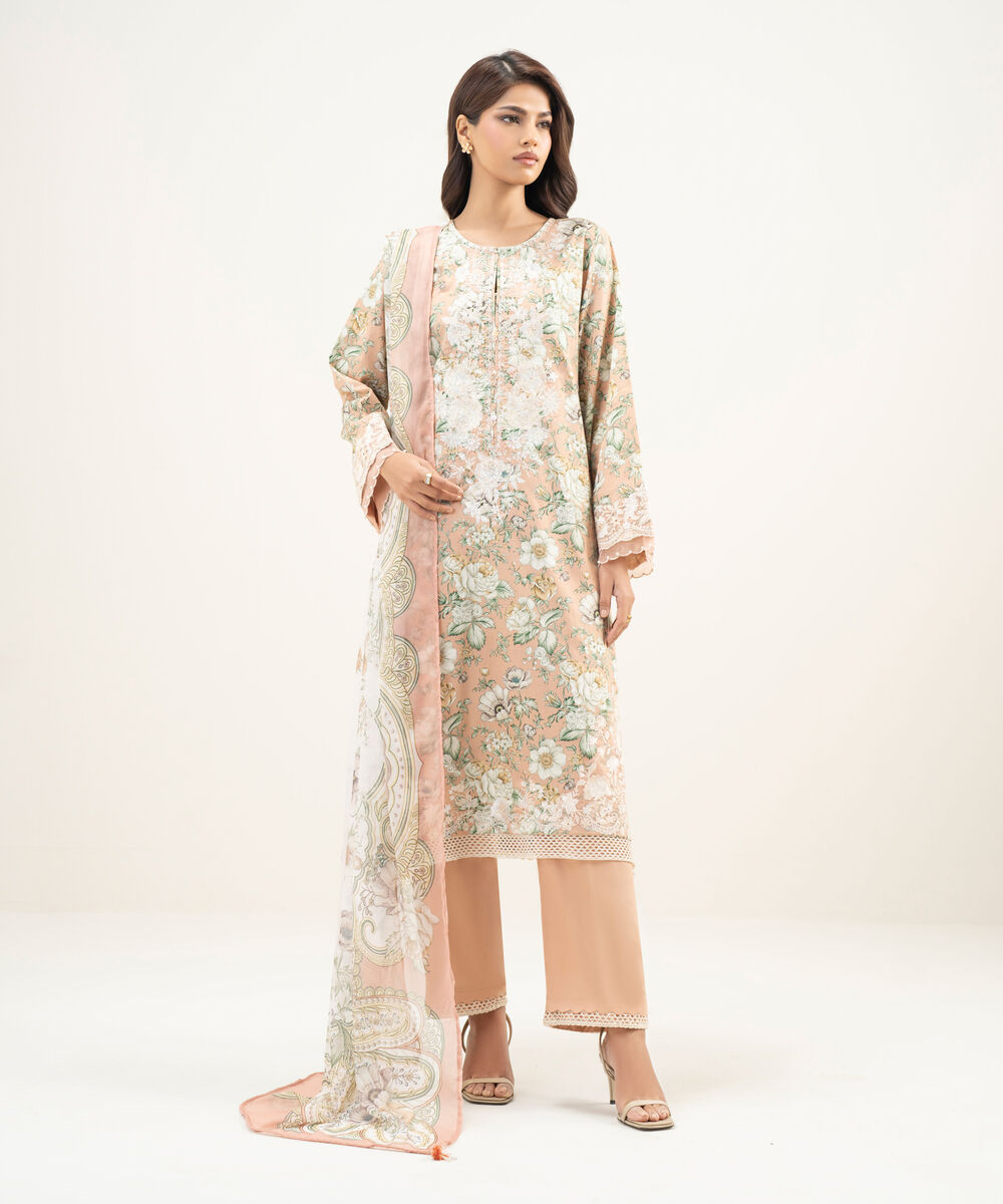 Women's RTW Lawn Embroidered Peach 3 Piece Suit