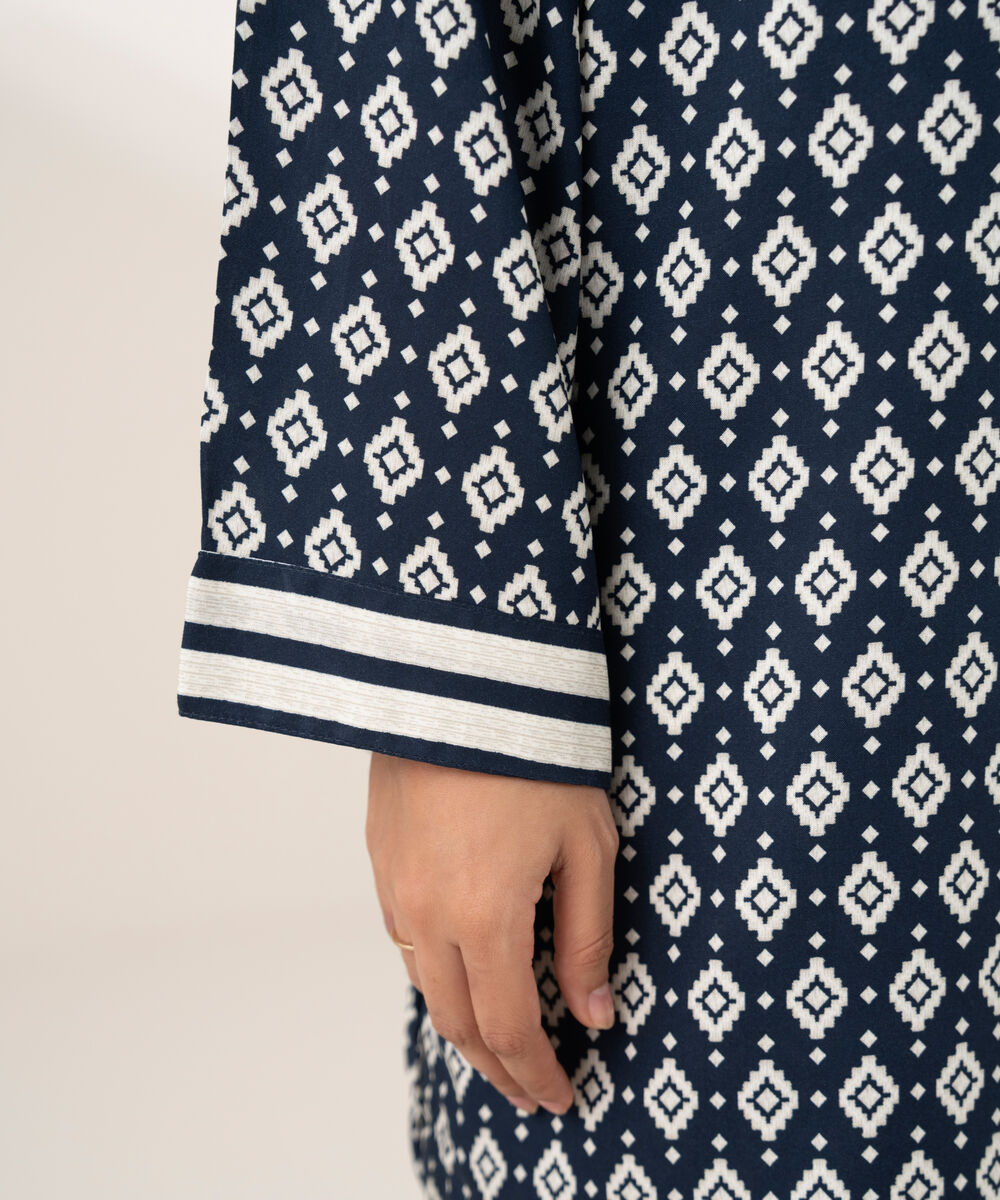 Women's RTW Viscose Linen Printed Straight Blue Shirt