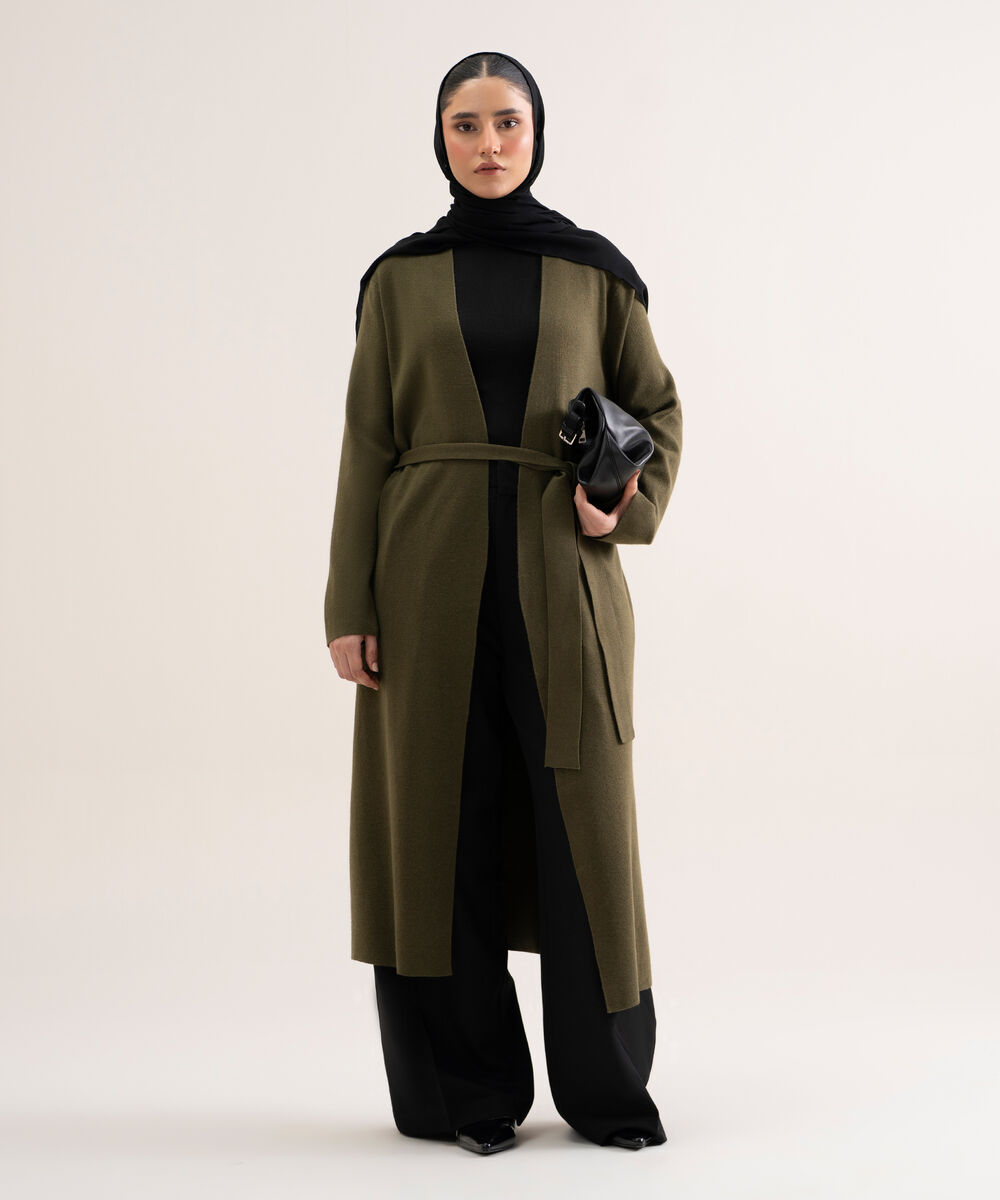 Women's Olive Green Solid Sweater-Knit Abaya Set