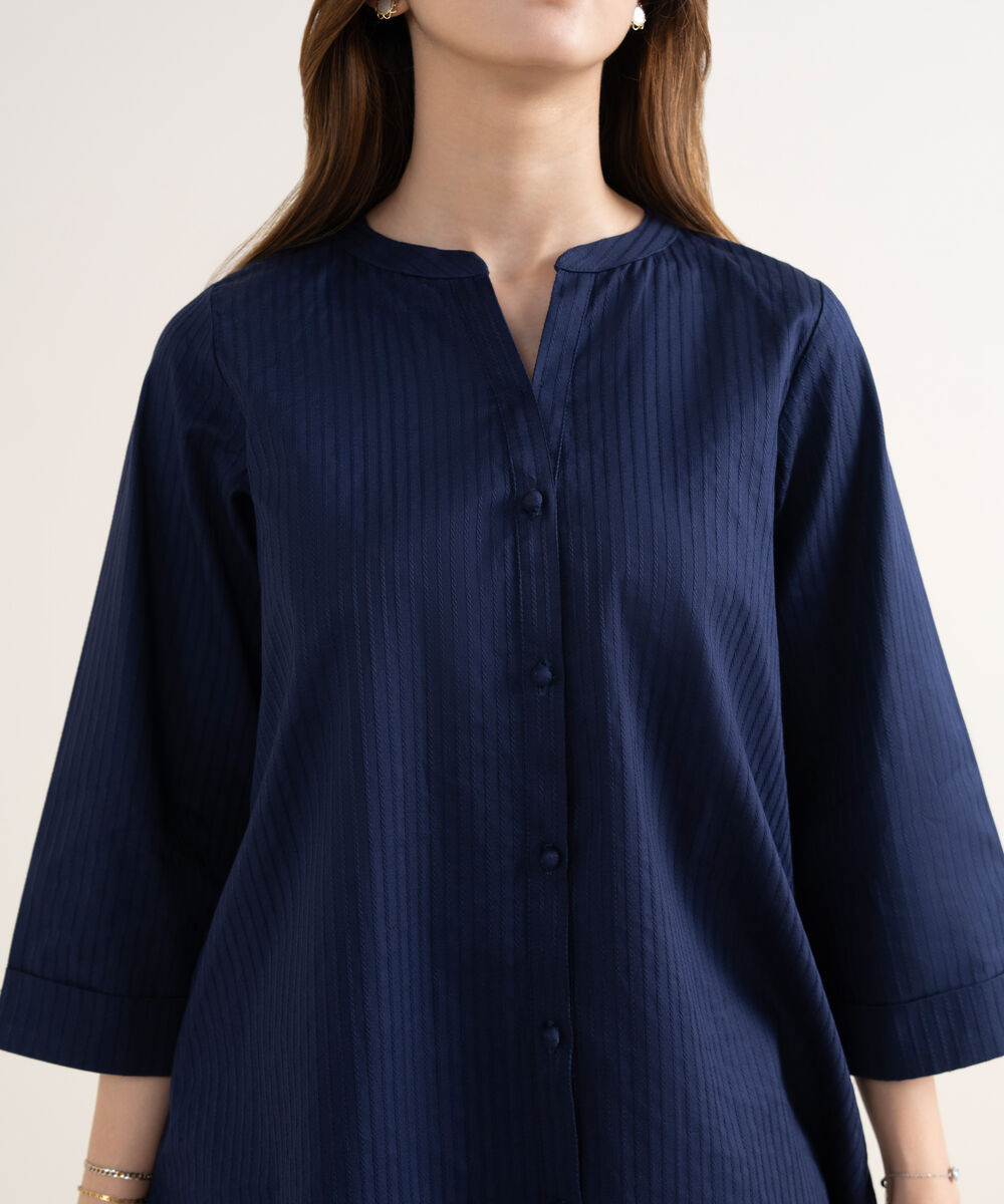 Women's RTW Handwoven Dobby Solid Button Down Blue Shirt