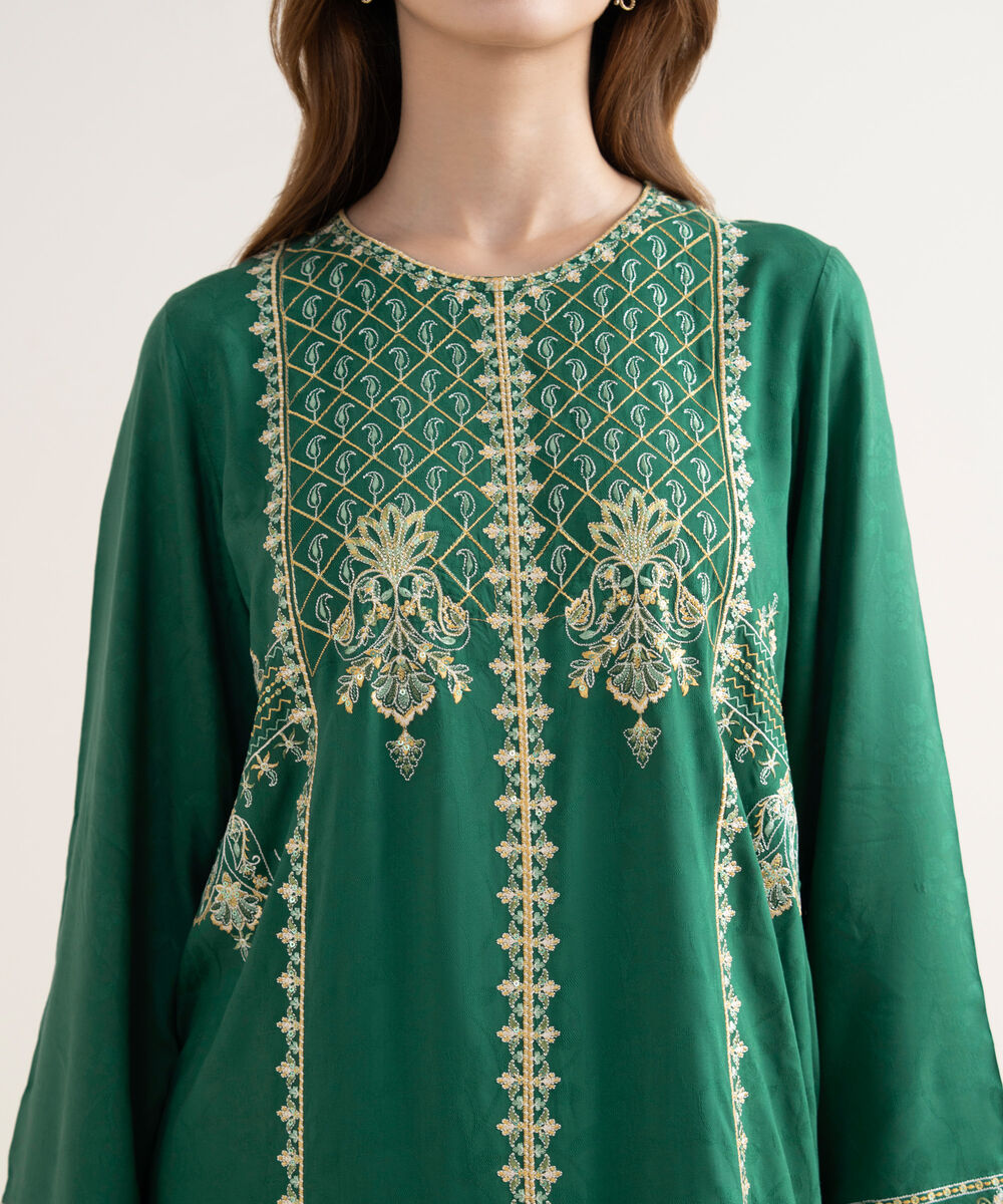 Women's RTW Textured Viscose Embroidered A-Line Green Shirt