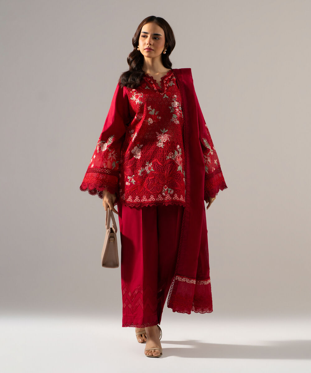 Women's RTW Self Jacquard Solid Embroidered Maroon 3 Piece Suit