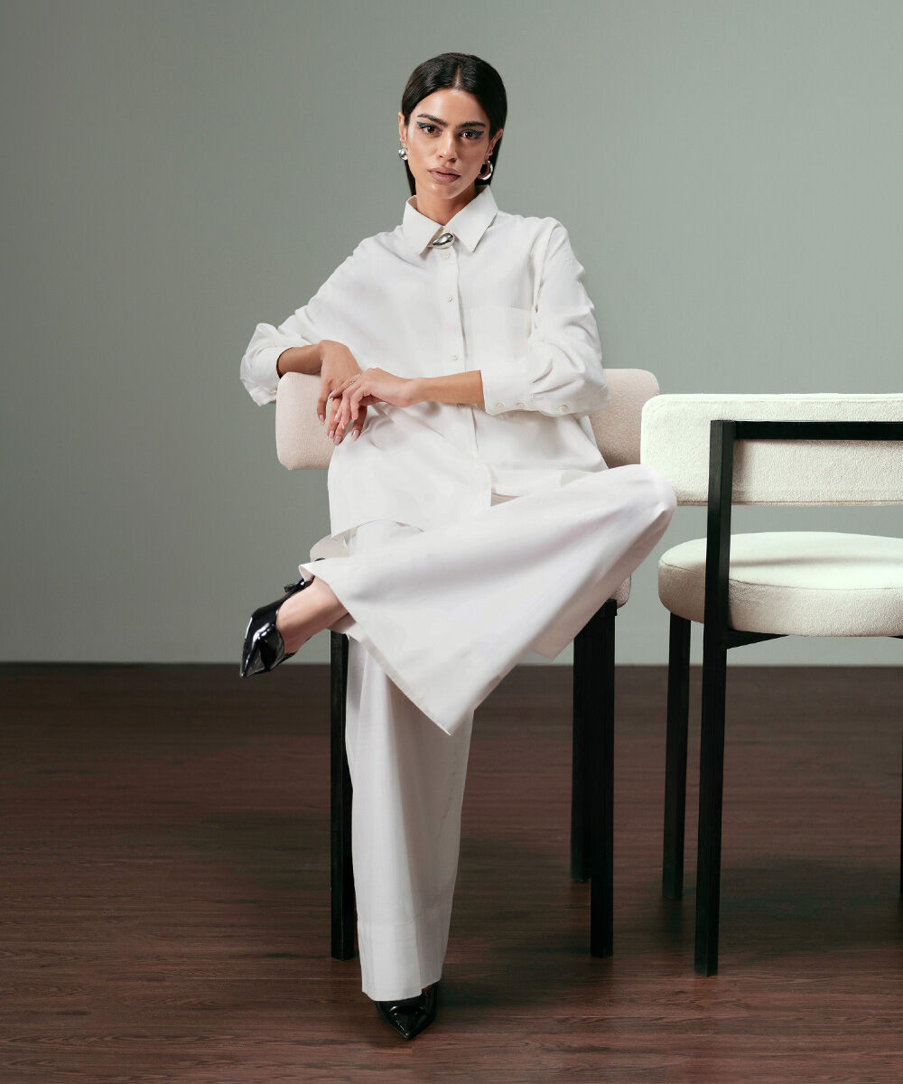 Women's Western Wear White Wide Leg Textured Trousers