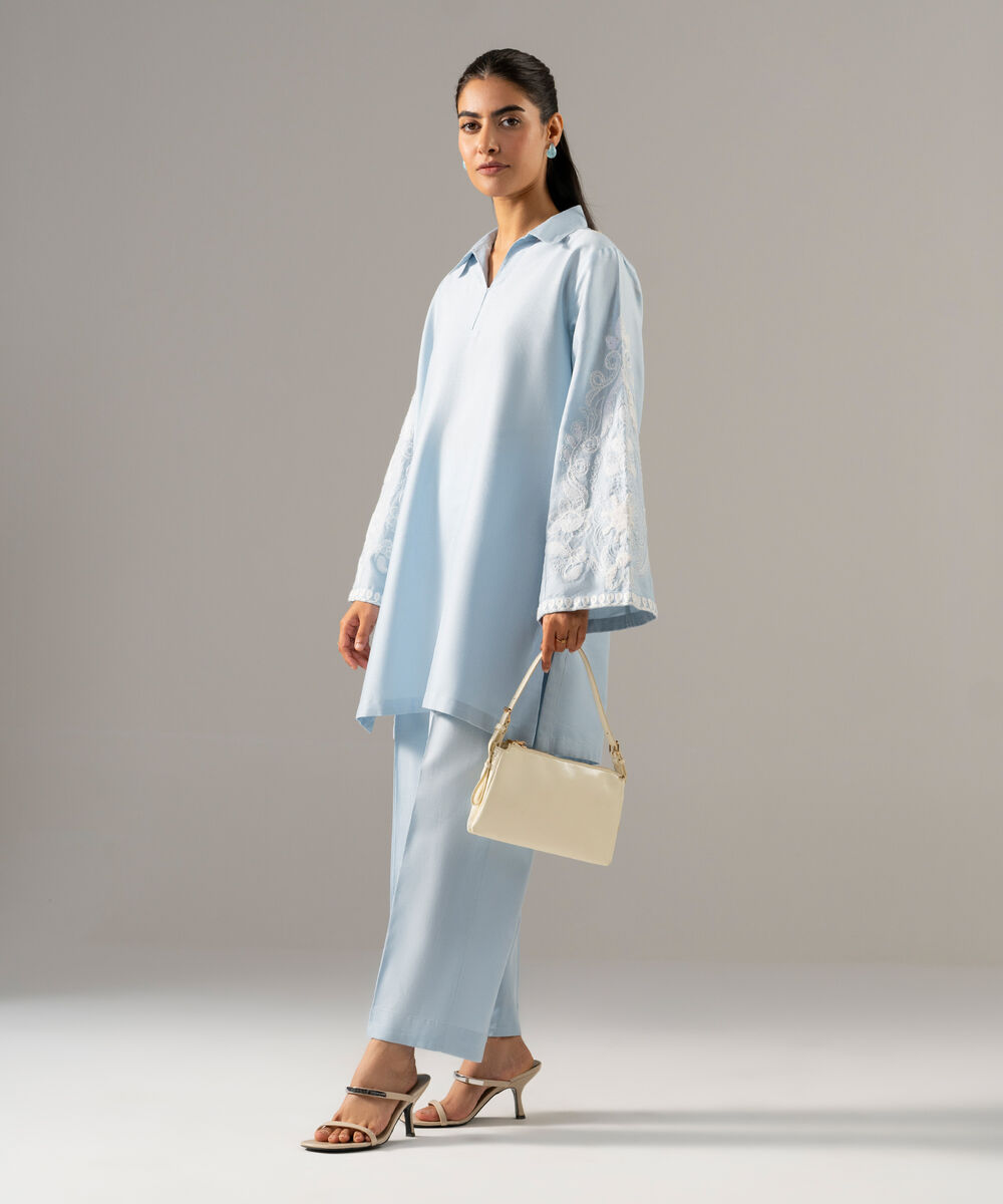 Women's RTW Cotton Linen Embroidered Ice Blue 2 Piece Suit
