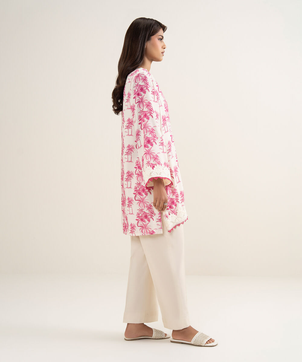 Women's RTW Viscose Raw Silk Embroidered Pink Straight Shirt