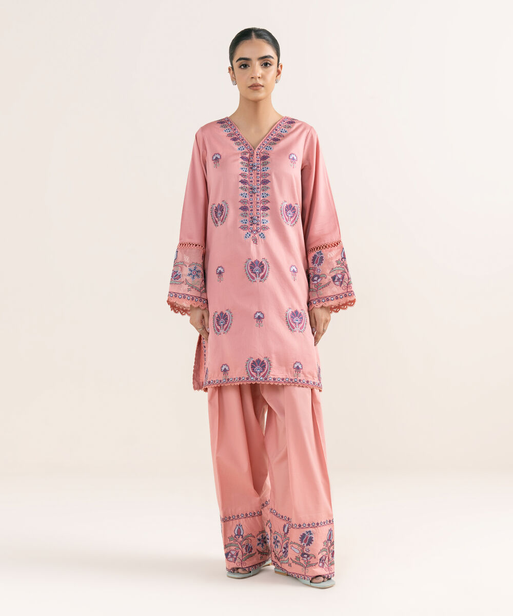 Women's RTW Cotton Satin Pink Embroidered A-Line Shirt