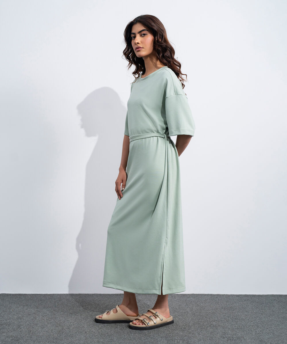 Women's Western Sage Green Soft Lux  T-Shirt Dress With Belt