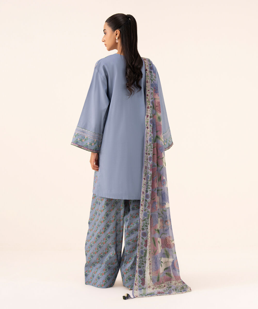 Women's Unstitched Cotton Viscose Embroidered Blue 3 Piece Suit