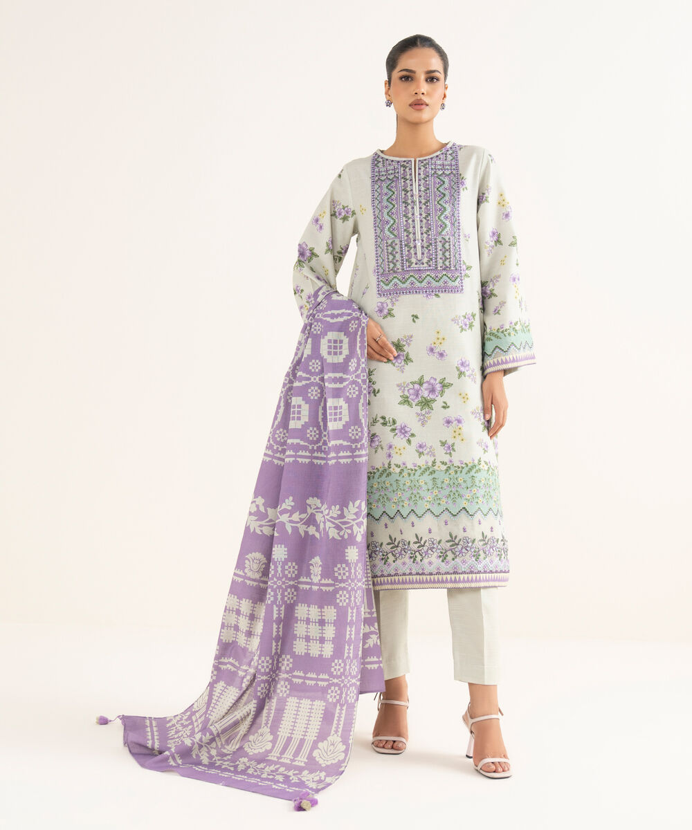 Women's Unstitched Khaddar Embroidered Purple 3 Piece Suit