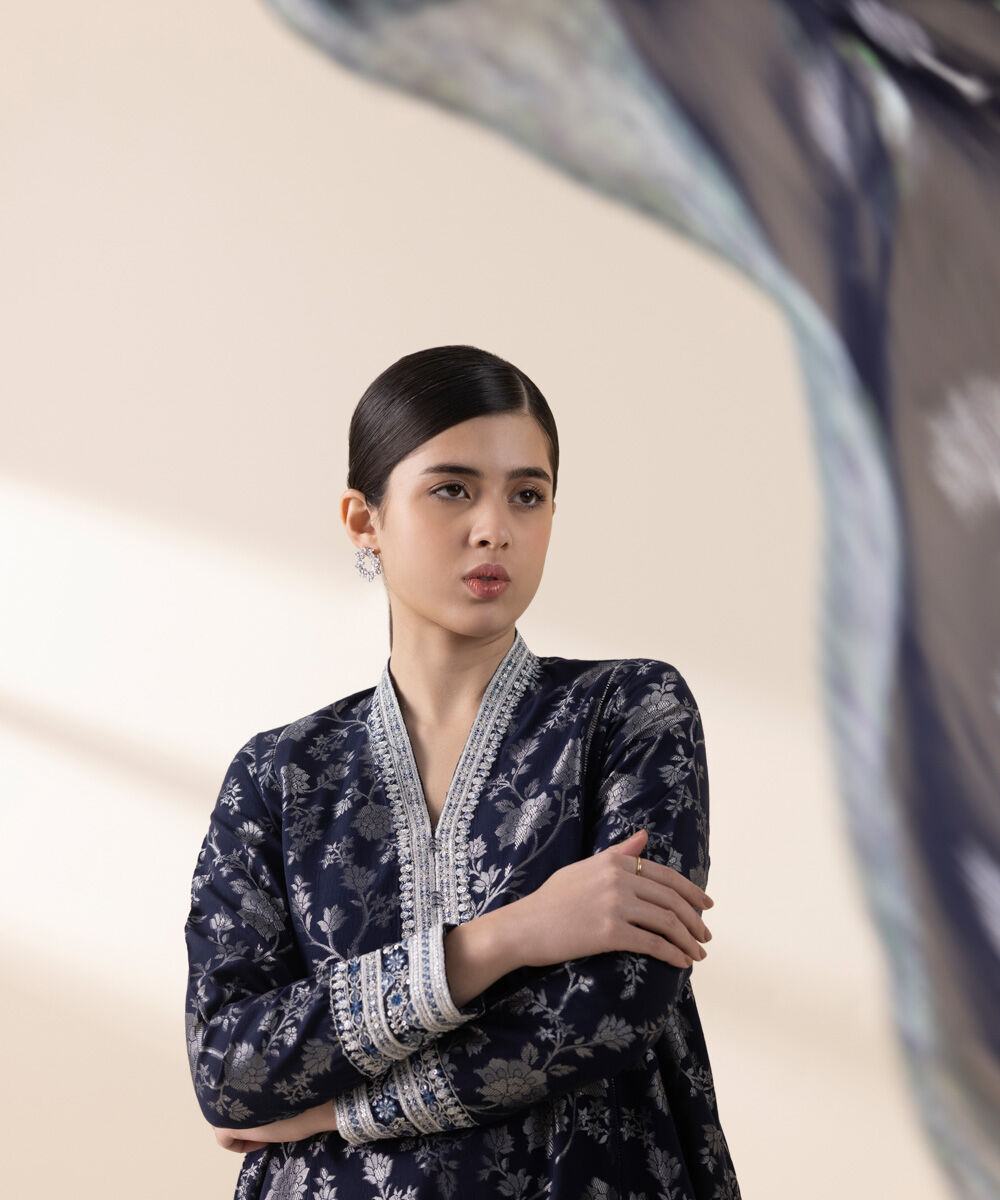 Unstitched Women's Embroidered Extra Weft Jacquard Blue Three Piece Suit