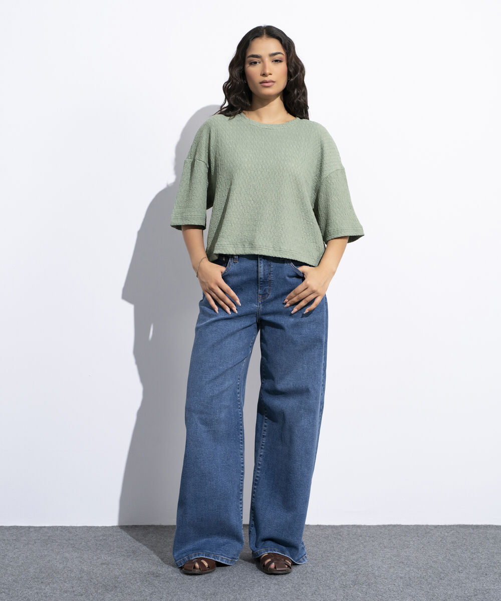 Women's Sage Green Short Body Textured T-Shirt