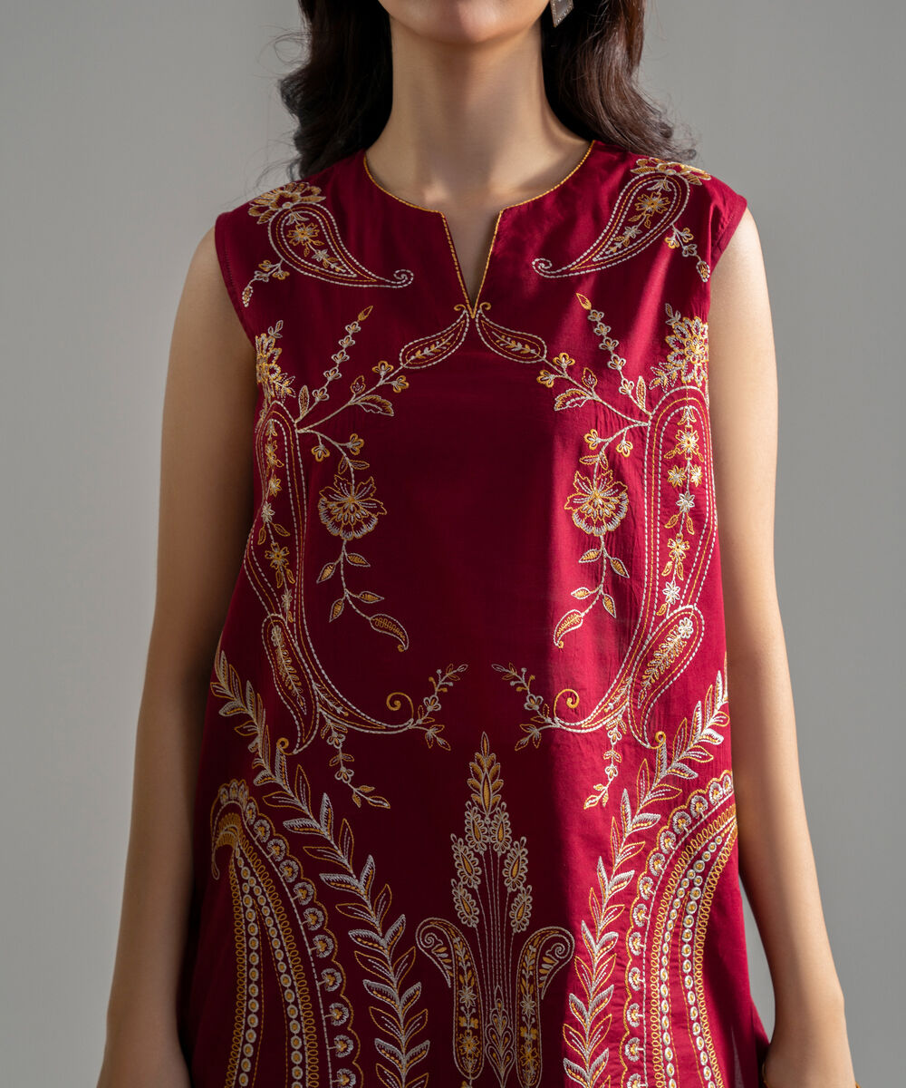 Women's RTW Lawn Solid Embroidered Maroon Straight Shirt