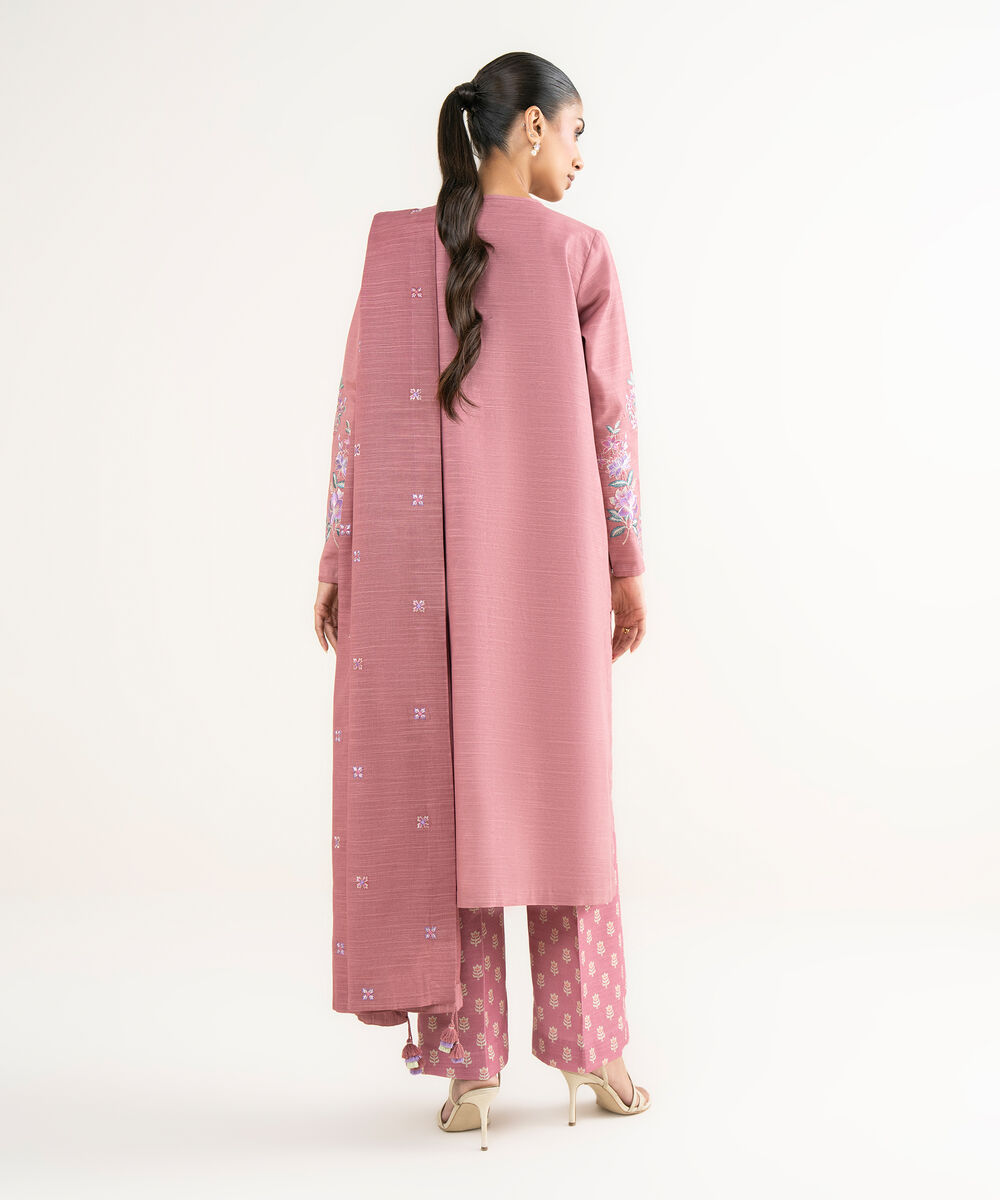 Women's Unstitched Khaddar Embroidered Pink 3 Piece Suit