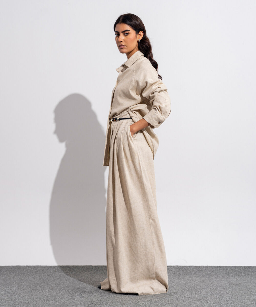 Women's Western Wear Beige Linen Blend Pull On Trousers