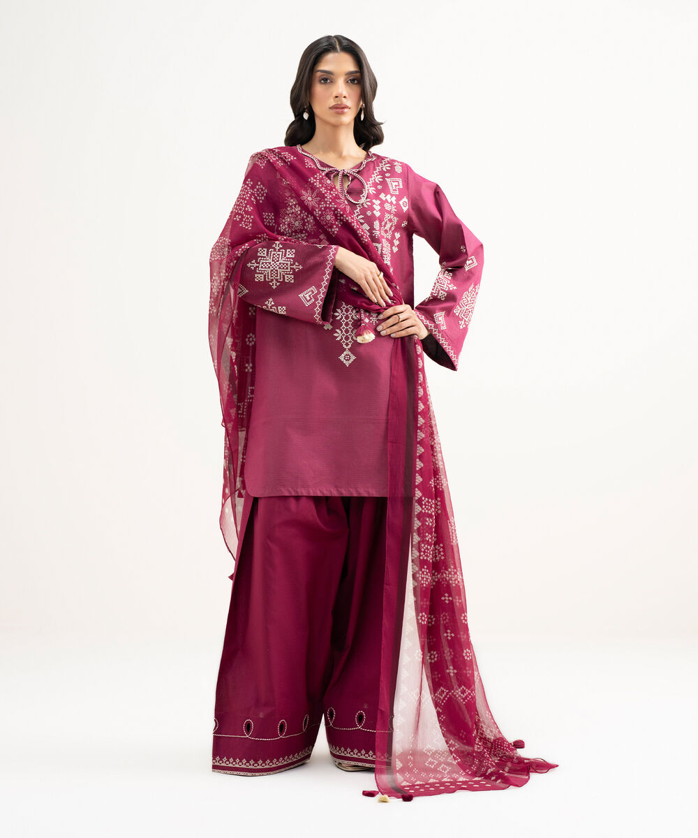 Women's Unstitched Zari Lawn Embroidered Pink 3 Piece Suit