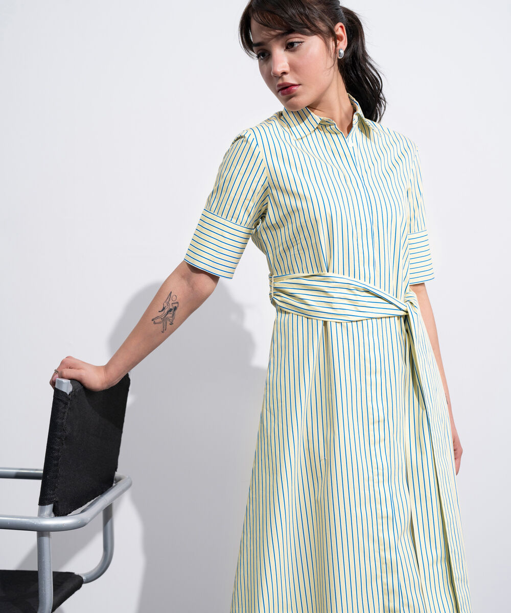 Women's Western Yellow And Blue Poplin Dress With Belt