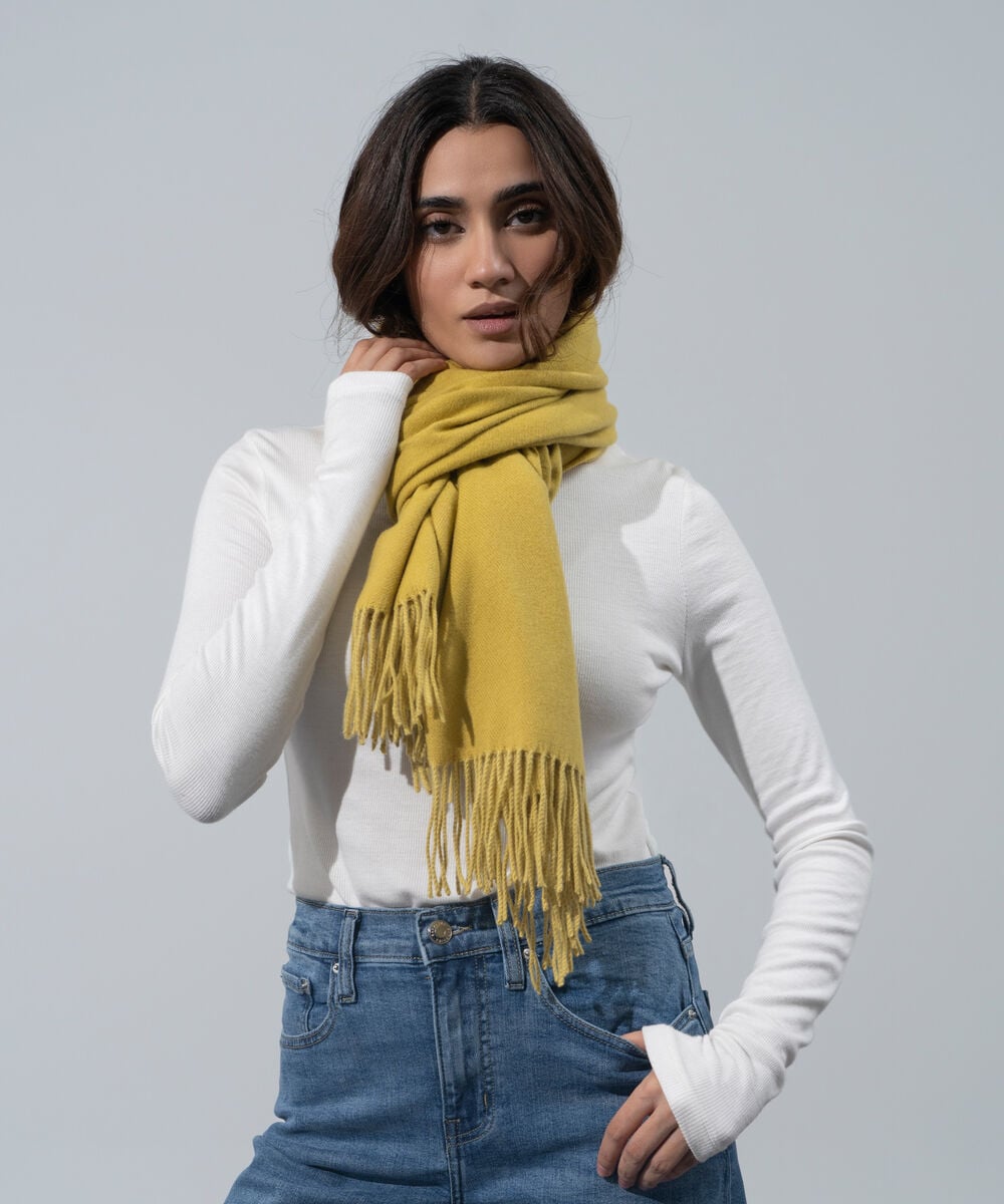 Women's Western Wear Mustard, Yellow Polyester Solid Woolen Scarf
