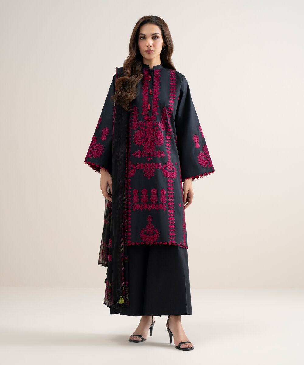 Women's Unstitched Lawn Embroidered Black 3 Piece Suit