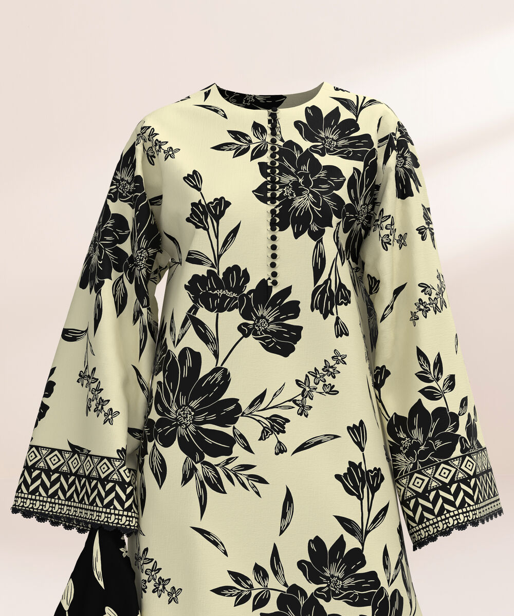 Women's Three Piece Printed Black and Off white Lawn Suit