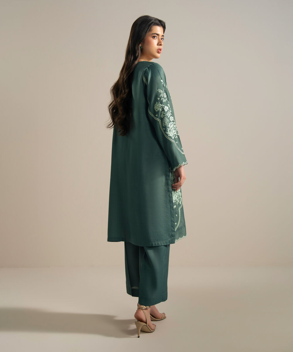 Women's RTW Viscose Raw Silk Embroidered Green 2 Piece Suit