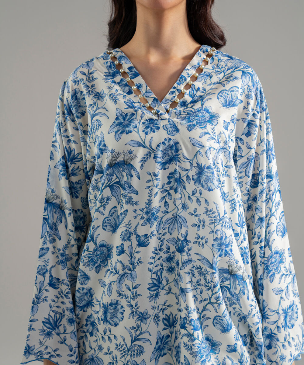 Women's RTW Arabic Lawn Printed White Straight Shirt