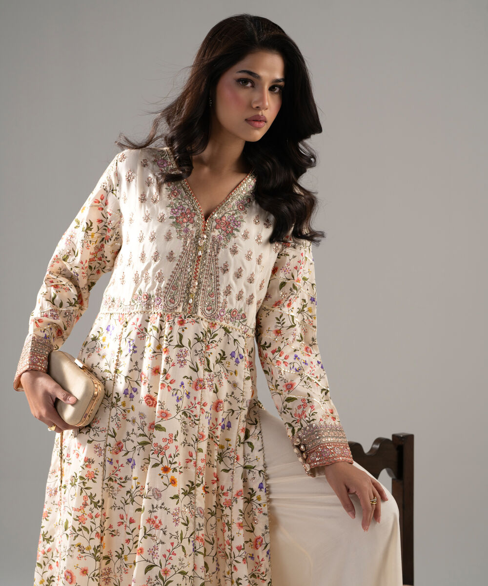Women's RTW Bright Raw Silk Printed Beige 2 Piece Suit