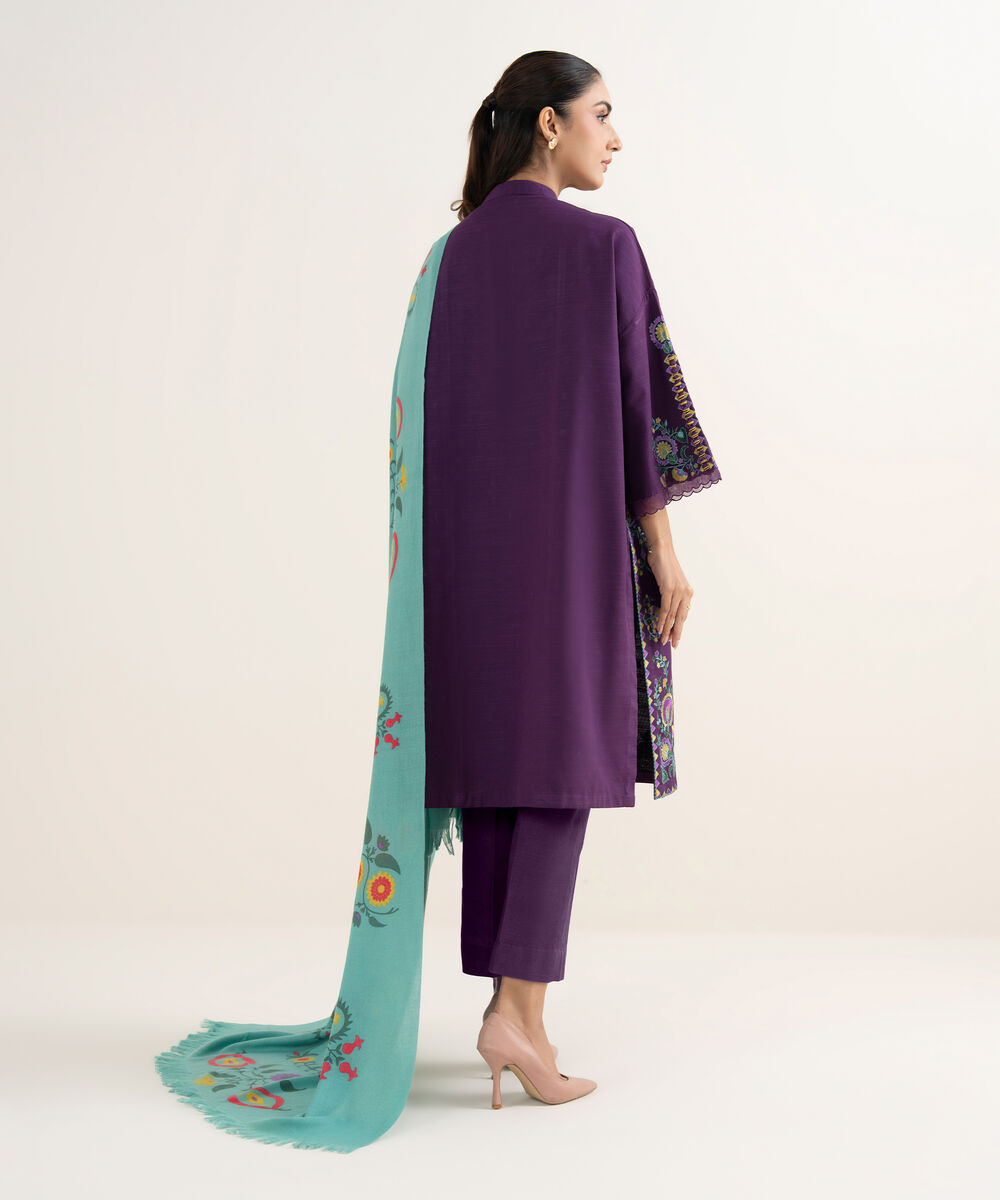 Women's Unstitched Embroidered Khaddar Purple 3 Piece Suit