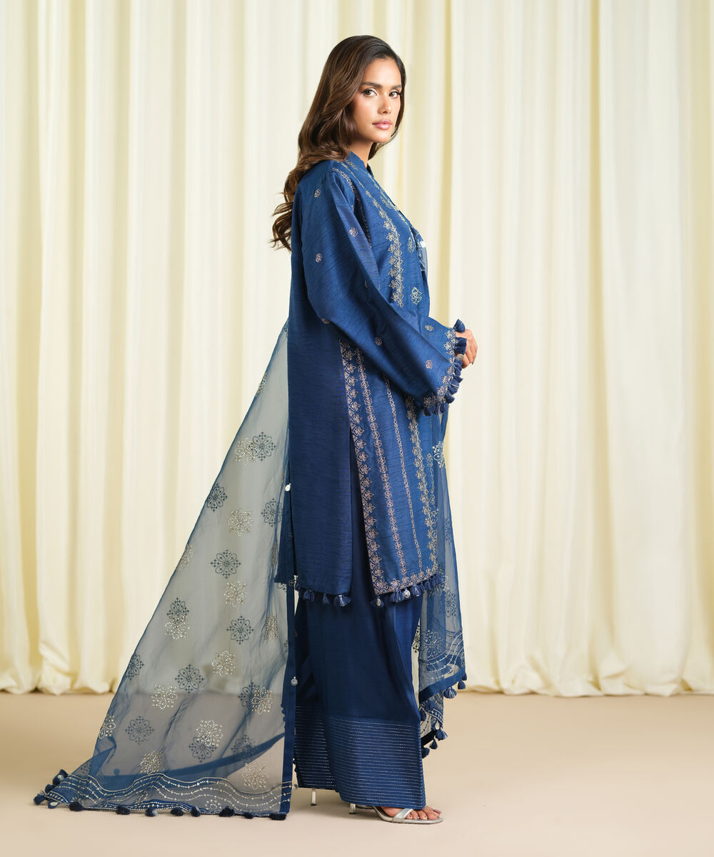 Women's Unstitched Raw Silk Embroidered Blue 3 Piece Suit
