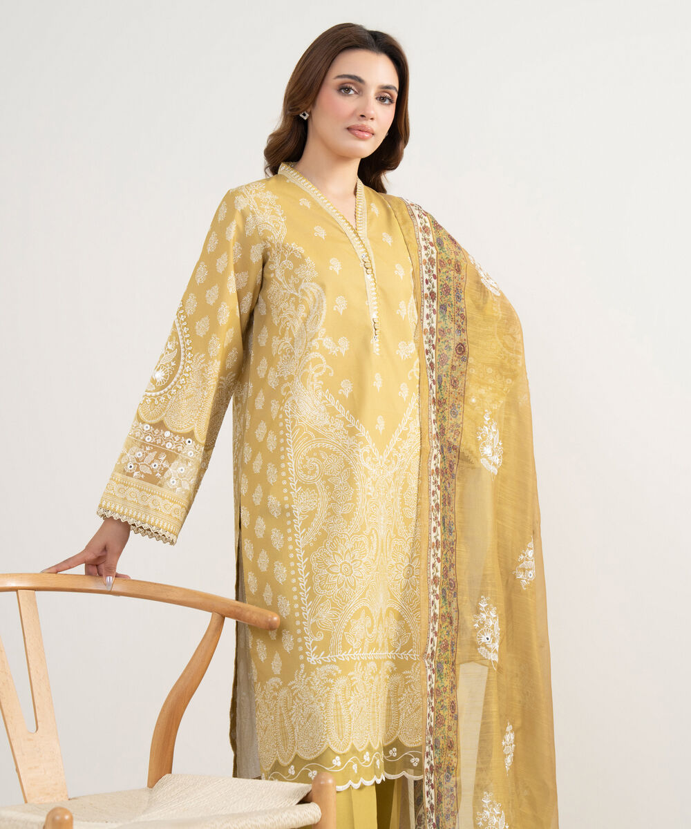 Women's Unstitched Lawn Embroidered Yellow 3 Piece Suit
