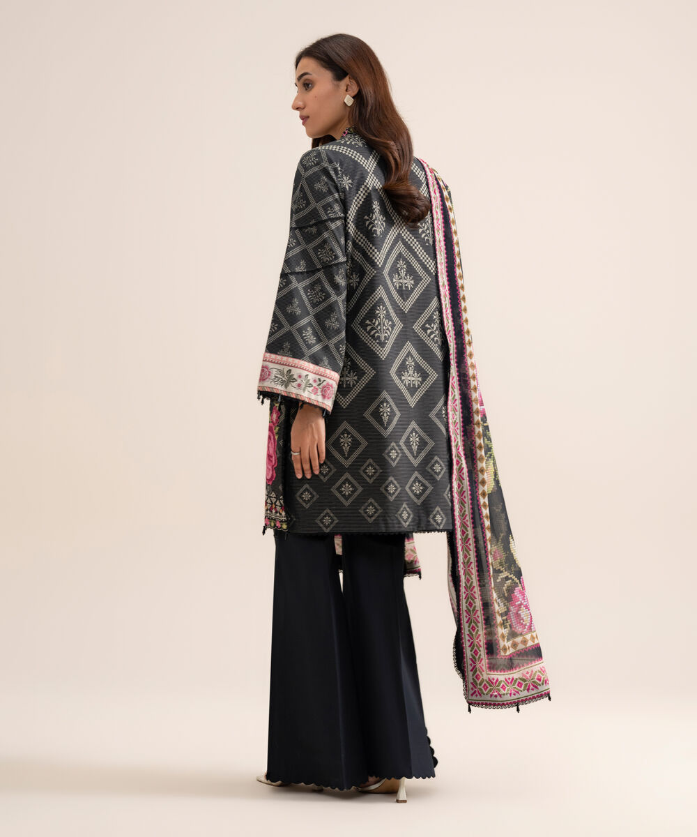 Women's Unstitched Zari Cotton Embroidered Black 3 Piece Suit