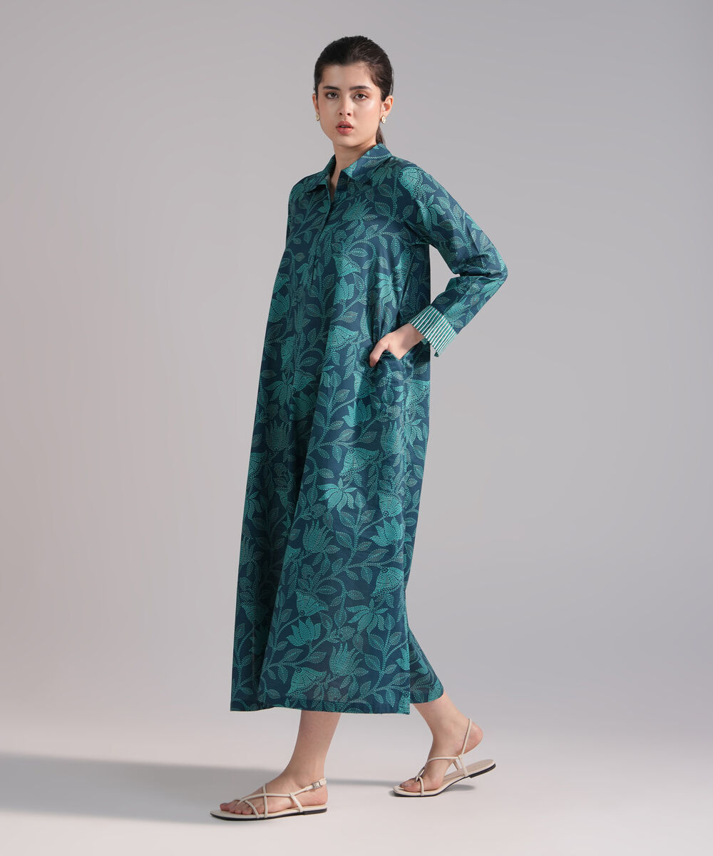 Women's RTW Slub Lawn Printed Dark Blue Dress Shirt