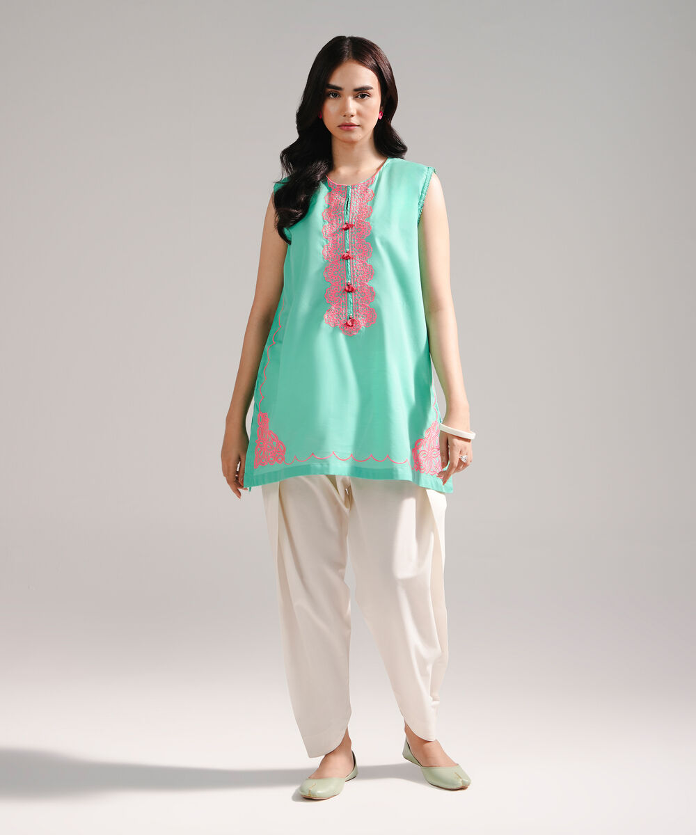 Women's RTW Slub Lawn Embroidered Green Straight Shirt