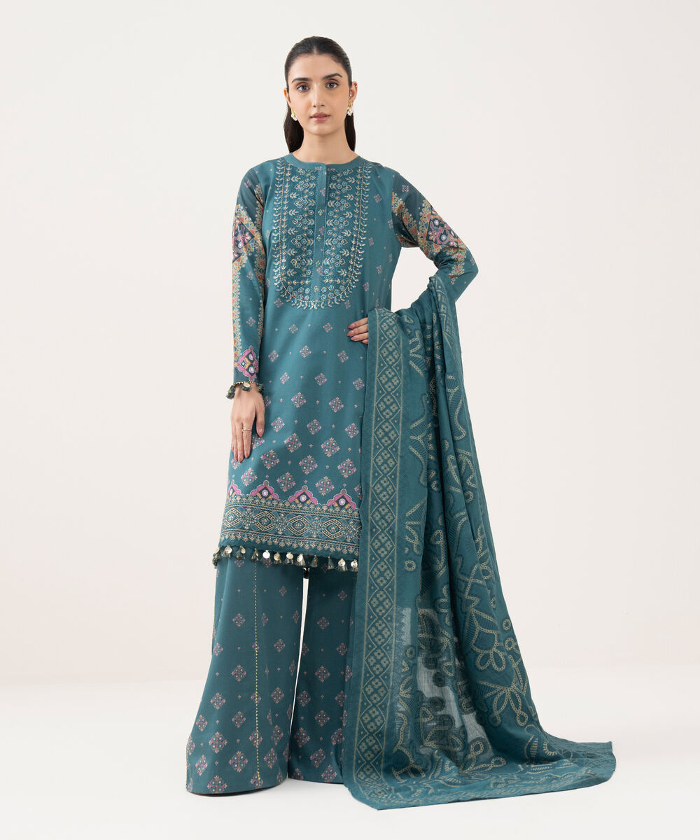 Women's Unstitched Fine Cotton Satin Embroidered Green 3 Piece Suit