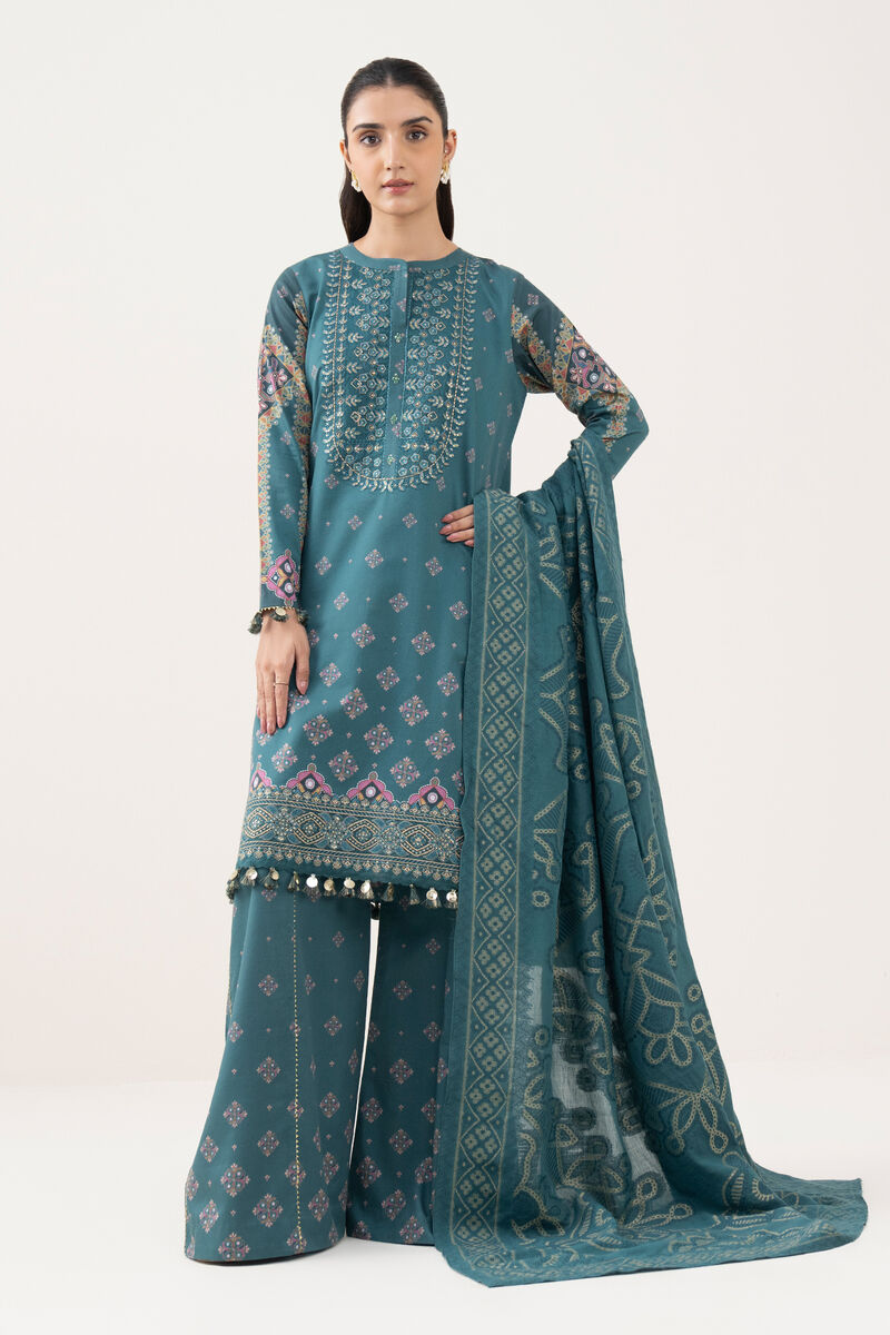 3 Piece - Embroidered Cotton Satin Suit