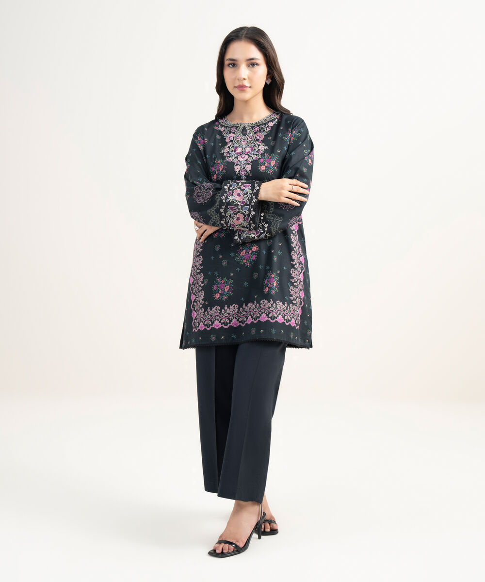 Women's RTW Lawn Embroidered Black Straight Shirt