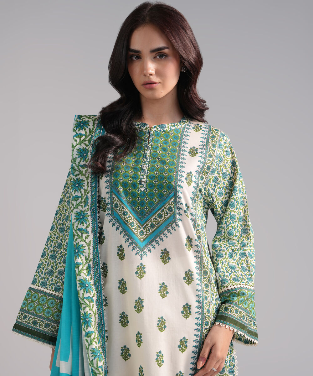 Women's RTW Lawn Printed Off White 3 Piece Suit